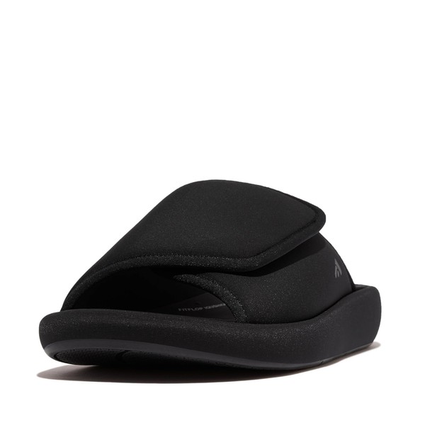 FitFlop Women's Iqushion City Adjustable Water-Resistant Slides Wedge Sandal, Black,