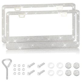 LevChall 2 Packs Bling License Plate Frames, Bedazzled Sparkly Cute Water Diamond Stainless Steel，Car Accessories with Diamond Sparkle Glitter Caps，Suitable for Both Men and Women(White)
