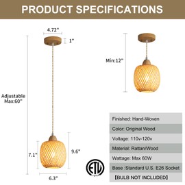 XIYOUVE 2 Packs Mini Rattan Pendant Light Fixture Adjustable Boho Handmade Woven Pendant Lights Kitchen Island Wicker Kitchen Pendant Lighting Over Sink Farmhouse Coastal