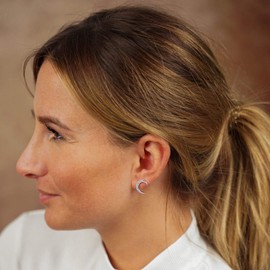 Materia SO-412 Women's Moon Stud Earrings 925 Silver Crescent Moon Stud Earrings Large with Zirconia Stones 15 x 12 mm, Sterling Silver, Cubic Zirconia