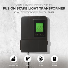 Fusion Low Voltage Outdoor Lighting Transformer with Timer, 50 Watt, Landscape LED Light Controller for Home and Garden Pathways, Black