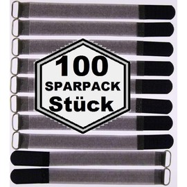 100 x 20 cm x 20 mm FUK Resealable Velcro Cable Ties Black with Metal Eyelet - Cable Velcro Tape 200 mm Reusable