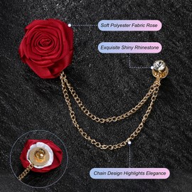 M METERXITY Rose Flower Brooch Pin for Men Suit, Cloth Handmade Flower Lapel Pin with Gold Badge Tassel Chain Brooches for Men Wedding Accessories/Prom/Party [Wine Red]