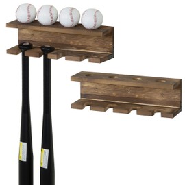 MyGift Wall-Mounted Burnt Wood Baseball Bat Rack and Ball Storage Shelf for Sports Memorabilia and Collectibles, Set of 2