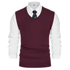 PaulJones Mens Knitted Sweater Sleeveless Jumpers Knitted Waistcoats Wool Blend Gilets Sweater Red L