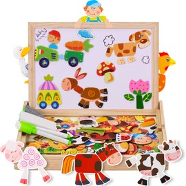 COOLJOY Magnetic Wooden Puzzle with Double Sided Chalkboard Wooden Toy Puzzles Children 3 Years Educational Learning Game 100 Colourful Pieces Creative Gift for Children (Farm Pattern)