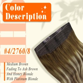 Fshine Invisible Wire Hair Extensions Color 4/27/60/8 Brown Ombre Ash Brown Mixed Blonde Secret Fish Line Hair Extensions 18 Inch One Piece Human Hair Clip in 80G Remy Hair