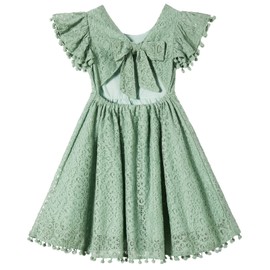 Niyage Tie-Back Toddler Dress Girls Lace Bow Backless Pom Pom Flutter Sleeves Party Princess Dresses Sage Green 90