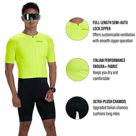 Zoot Men’s Core Tri Aero FZ Racesuit, Short Sleeve Moisture-Wicking Triathlon Suit, Plush Chamois & Storage for Race Day - Hyper Yellow - X-Large