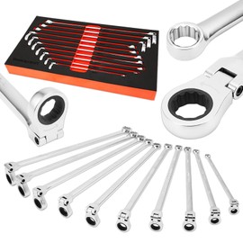 PRIDE&CRAFT 10-Piece Extra Long Ratcheting Wrench Set - Metric Flex Head Double Box End (8-19mm) 2X Longer Wrenches, Chrome Vanadium Steel with 90-Tooth Ratchet for Automotive Repair