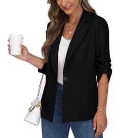 PrinStory Blazer Women's Office Long Blazer Adjustable Sleeves Lapel Blazer Sporty Elegant Jacket, black