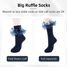 MKYSZLT Women Big Ruffle Ankle Socks Adult Double Lace Frilly Socks Fold Cuff Cotton Ruffled Dress Crew Bobby Bride Sock (US, Numeric, 9, 11, Regular, Regular, navy blue)