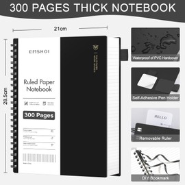 EMSHOI A5 Notebook, Notepad, College Pad, A5 Lined with 300 Pages / 150 Sheets for Writing, 100 GSM Paper, PVC Hard Cover, for Work, Office, School, 14.5 x 21 cm, Black