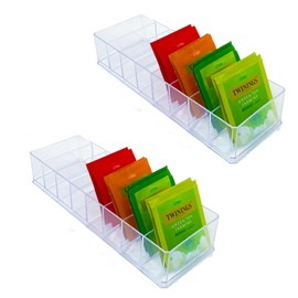 SHRINGNE 2 Pieces Clear Tea Bag Organizer Plastic Tea Holder Organizer 8 Compartments Tea Drawer Organizer for Kitchen Storage Tea Bag, Coffee Capsules, Sugar Containers (2)