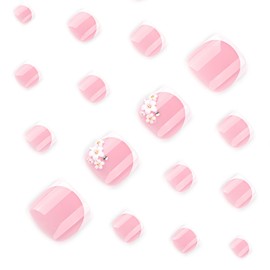 24 Pcs Pink Press On Toenails for Women,YEFIUO Acrylic Fake Toe Nails Press ons Nail Art Rhinestones Flower White French Glossy Design Full Cover False Nails Glue on Toe Nails Stick on Nails for Ma'am