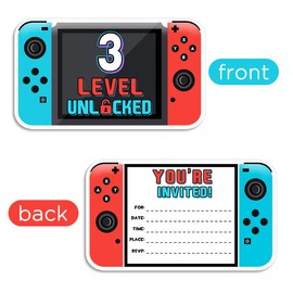 Yangmics Direct Video Gamer Birthday Party Fill In Invitations, 3rd Birthday Games, Video Game Party Invitations, Decorations, Favors for Boys Kids, 30 Invitations + 30 Envelopes - Level 3 Unlocked
