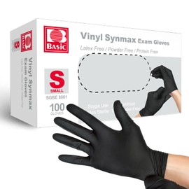 Basic Vinyl Exam Gloves, 4 mil Safty Glove Latex-Free & Powder-Free, SGBE 8001 Synmax Disposable Medical Glove Small (Box of 100, Black)