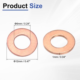 sourcing map 50 Pcs Flat Washers, M6 x 12 x 1mm Copper Sealing Washers, Metric Sealing Ring Gasket (T3 Copper, Annealing Process)