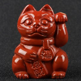 Artistone 2" Red Jasper Crystal Lucky Cat Statue Hand Carved Feng Shui Maneki Neko Fortune Cat Figurine for Attract Money Wealth Good Luck Home Office Decoration Opening Gifts