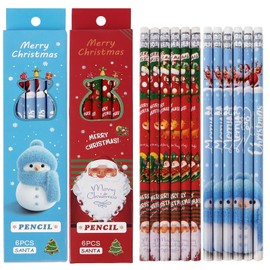 Pack of 12 Christmas Pens with Eraser Wooden Christmas Theme Pencils Snowman School Wooden Pencils Gift Pens for Children Students Party Bag Advent Calendar (Blue + Red)