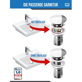 FEINER® Universal Sink Drain Fitting for Washbasins and Washbasins of All Types with Overflow, Plug Extendible with Hair Strainer, Free Replacement Seals & Installation with Instructions on Sink.