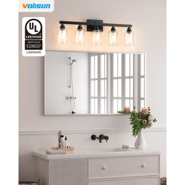 VOLISUN 5-Light Bathroom Light Fixtures, Matte Black Bathroom Vanity Light Over Mirror, Modern Vanity Light for Bathroom, Bathroom Wall Light with Clear Glass Shades (Bulbs Excluded)