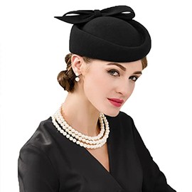 Wool Felt Vintage Fascinator Winter Women Elegant Pillbox Hat Bowknot Derby Church Hat Retro Fedoras Black