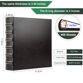 LETVPVOW Vintage Hardback 3 Ring Binder 2 Inch, Professional Leather Binders 2 Inch D Ring, Holds 400 Sheets Capacity - Black