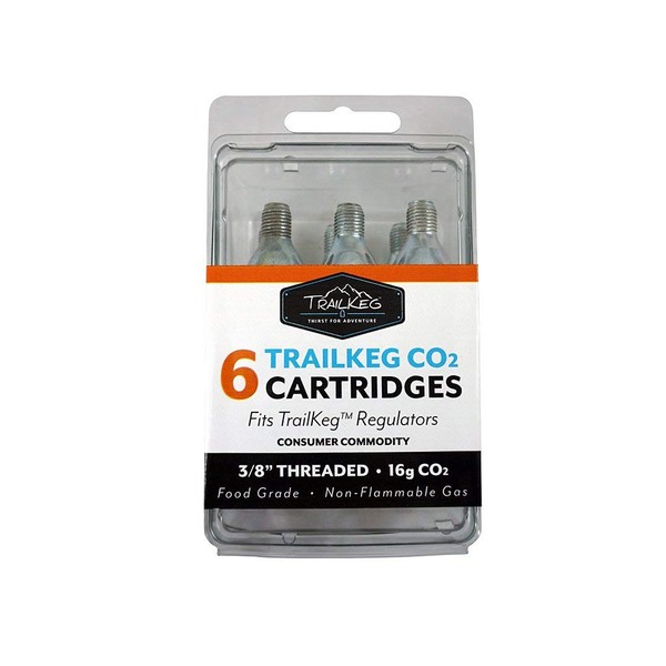TrailKeg CO2 Cartridges, Co2 Dispensing Accessory for Cocktails, Seltzers, Carbonated Growlers and Mini Kegs 16g, 16 grams, 6-Pack