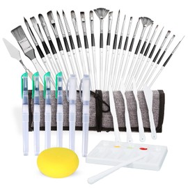 PLUMOTECA - Pinceles Profesionales para Pintura Acrílica, Óleo, Acuarela y Gouache + Estuche de Lona, Pinceles Recargables con Agua, Esponja, Espátulas de Plástico y Paleta | Ideal para Artistas