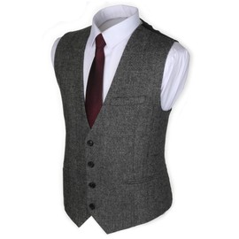 RUTH & BOAZ Men's Business Suit, Wool, Herringbone, Tweed, 3 Pockets, 4 Buttons, Vest, 2 Type, 4 Col (S - XXXL), Tweed black