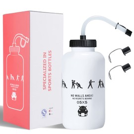 SHOKE Botella de agua de hockey con pajita larga de 1 litro, sin BPA, botella de agua de lacrosse exprimible para deportes, porteros, boxeo, fútbol, gimnasio, béisbol, ciclismo, fitness, yoga, 32 onzas, color blanco