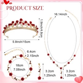 Hicarer 4 Pcs Red and Gold Rose Jewelry Set for Women Bridal Tiara Necklace Bracelet Earring Rhinestone Crown Headband Flower Aesthetic Jewelry for Princess Prom Pageant Birthday Wedding Gift