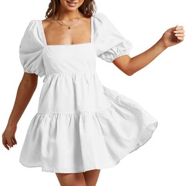Shy Velvet Women's Casual Party Mini Dress Square Neck Short Bubble Sleeve A-line Loose Summer Dresses White