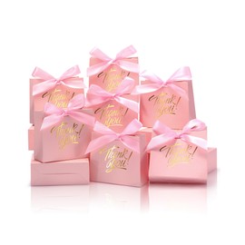 DOYIDE 30 Pack Small Thank You Gift Bags, 4.5x1.8x3.9in Party Favor Bags with Bow Ribbon, Mini Paper Gift Bag with Gold Foil Printed, Pink Treat Boxes for Birthday Wedding Bridal Baby Shower