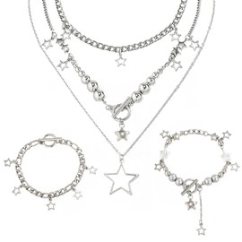 Nayyana 3 Pieces Silver Star Necklace Y2K Jewelry Set Grunge Necklace Kawaii Cute Necklaces Aesthetic Vintage Emo Jewelry Christmas New Year Jewelry Gift for Women