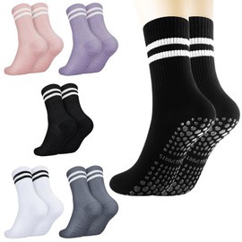 QILUCKY Non Slip Yoga Socks for Women, Pilates Socks with Grips, Long Socks with Double Stripes, Anti-Skid Grip Socks for Yoga, Barre, Dance,Workout Sports