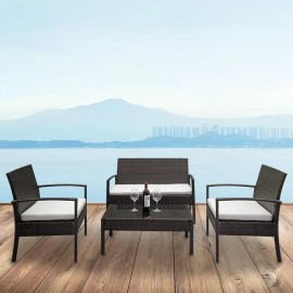 Outvita 4PCS Outdoor Patio Rattan Furniture Set Cushioned Sofa Coffee Table Deck