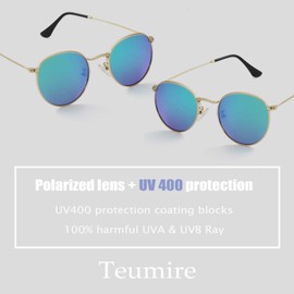 Small Round Polarized Sunglasses for Women Men Classic Retro Sun Glasses Circle Metal Frame Shades UV Protection(Gold Frame/Green Mirrored)