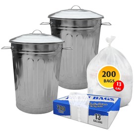 Plexon 2 Pack 13-Gallon Galvanized Steel Round Trash Can with Lid Plus (200 Pack) 13 Gallon Trash Bags, 12-16 Gallon White Kitchen Bags, 1.5 Mil, Heavy Duty, Fits Round and Square Trash Cans - Bundle