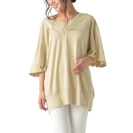 Larue Women's Plus Size Top with Cut and Sewn Half Sleeve Sleeve Conscious Flare Sleeve V Neck, beige