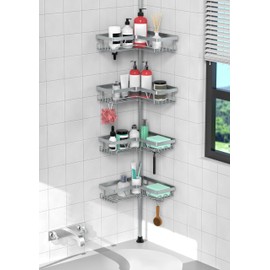 KEGII 4-Tier Corner Shower Caddy Tension Pole - Adjustable Shower Tension Rod Organizer, Floor to Ceiling Shower Caddy 25-114.2 inch, Shower Towel Rack Corner Waterproof, Light Gray