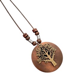 KIFEDSLJ Wooden Pendant Necklace with Owl Leaf Elephant Flower Handmade Vintage Bronze Leaf Long Leather Chain Sweater Necklace for Women (big tree)
