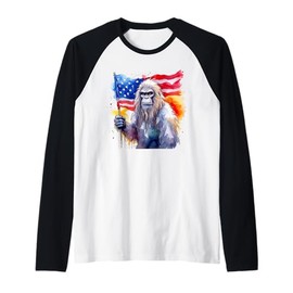 Bigfoot Watercolor Artwork American Flag 4th Of July Art USA Raglan Baseball Tee