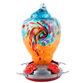 WOSIBO Hummingbird Feeder for Outdoors Patio Large 32 Ounces Colorful Hand Blown Glass Hummingbird Feeder with Ant Moat Hanging Hook, Rope, Brush and Service Card (Blue-Orange)