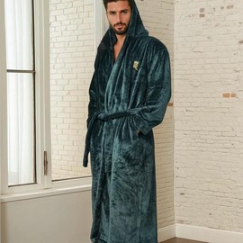 Royalty Robes Green Hooded Royalty Robe, Soft Comfort Fleece  Loungewear Bathrobe with Hood and pockets - Casual Menswear Loungwear - Size: Medium