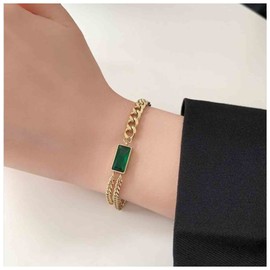 Yheakne Vintage Green Emerald Bracelet Square Emerald Crystal Bracelet Punk Layered Curb Chain Bracelet Green Bridal Bracelet Hand Chain Jewelry for Women and Girls