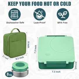 Bento Lunch Box for Kids with 8oz Soup Thermo&Lunch Bag, Leak-Proof Lunch Food Containers with 4 Compartment, Hot Food Insulated Food Jar for Kids School (Green)