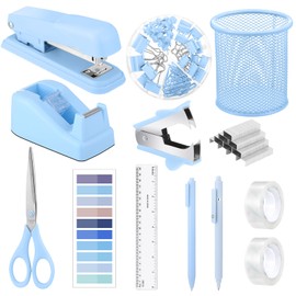 13 in 1 Blue Desk Accessories, Blue Office Supplies Include Blue Stapler and Tape Dispenser, Tape, 1000 Staples, Staple Remover, Scissors, Pen, Pen Holder, Tabs, Ruler, Clips Set