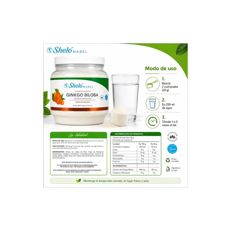Colágeno Hidrolizado Sheló Nabel Ginkgo Biloba Sabor Mandarina 450g